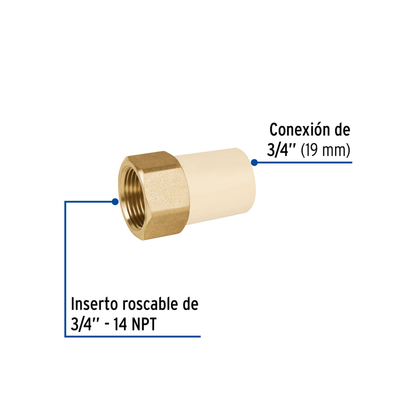 Adaptador hembra de CPVC con inserto metálico 3/4"