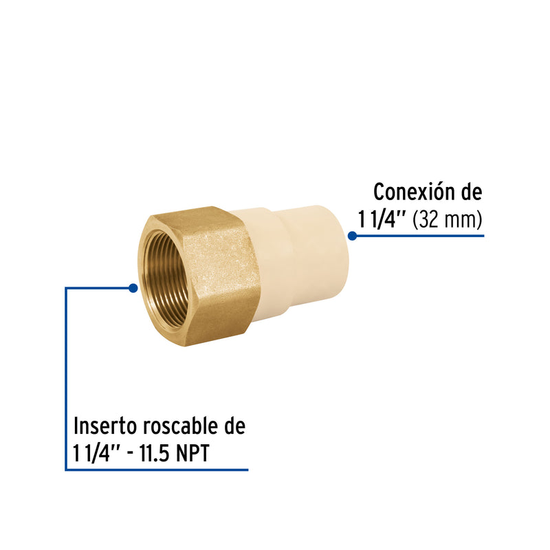 Adaptador hembra de CPVC con inserto metálico 1-1/4"