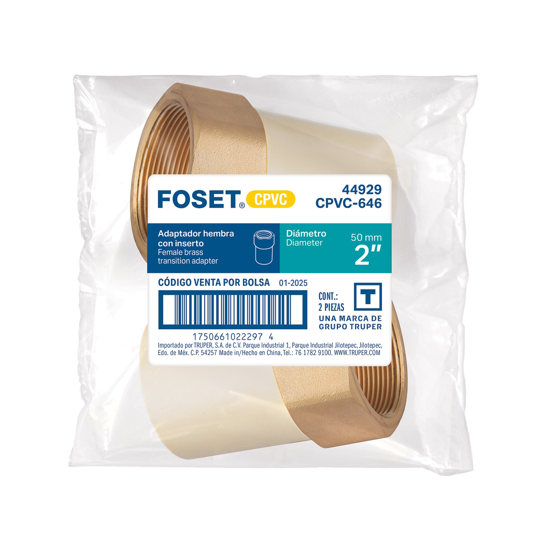 Adaptador CPVC, 2', hembra inserto metálico-latón, FOSET