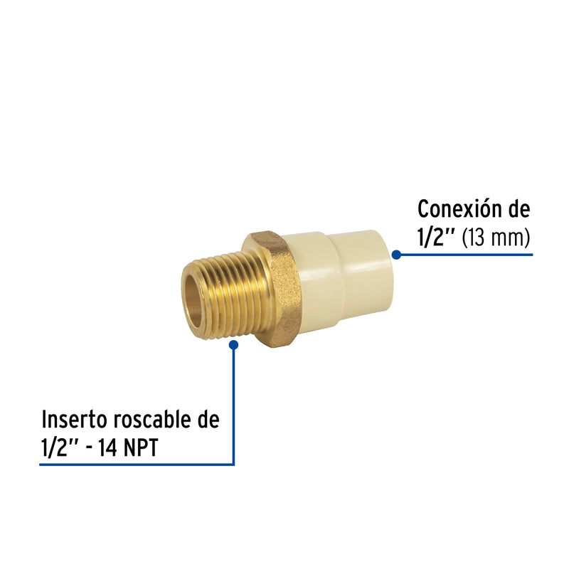 Adaptador macho de CPVC con inserto metálico 1/2"