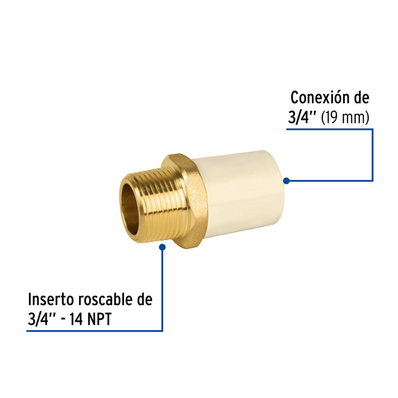 Adaptador  macho de CPVC con inserto metálico 3/4"
