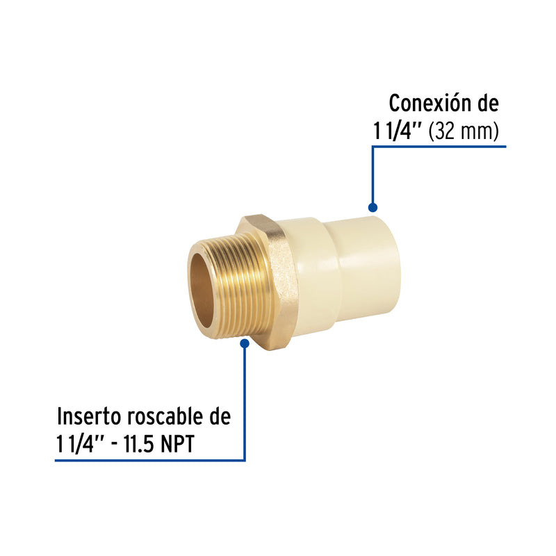 Adaptador macho de CPVC con inserto metálico 1-1/4"