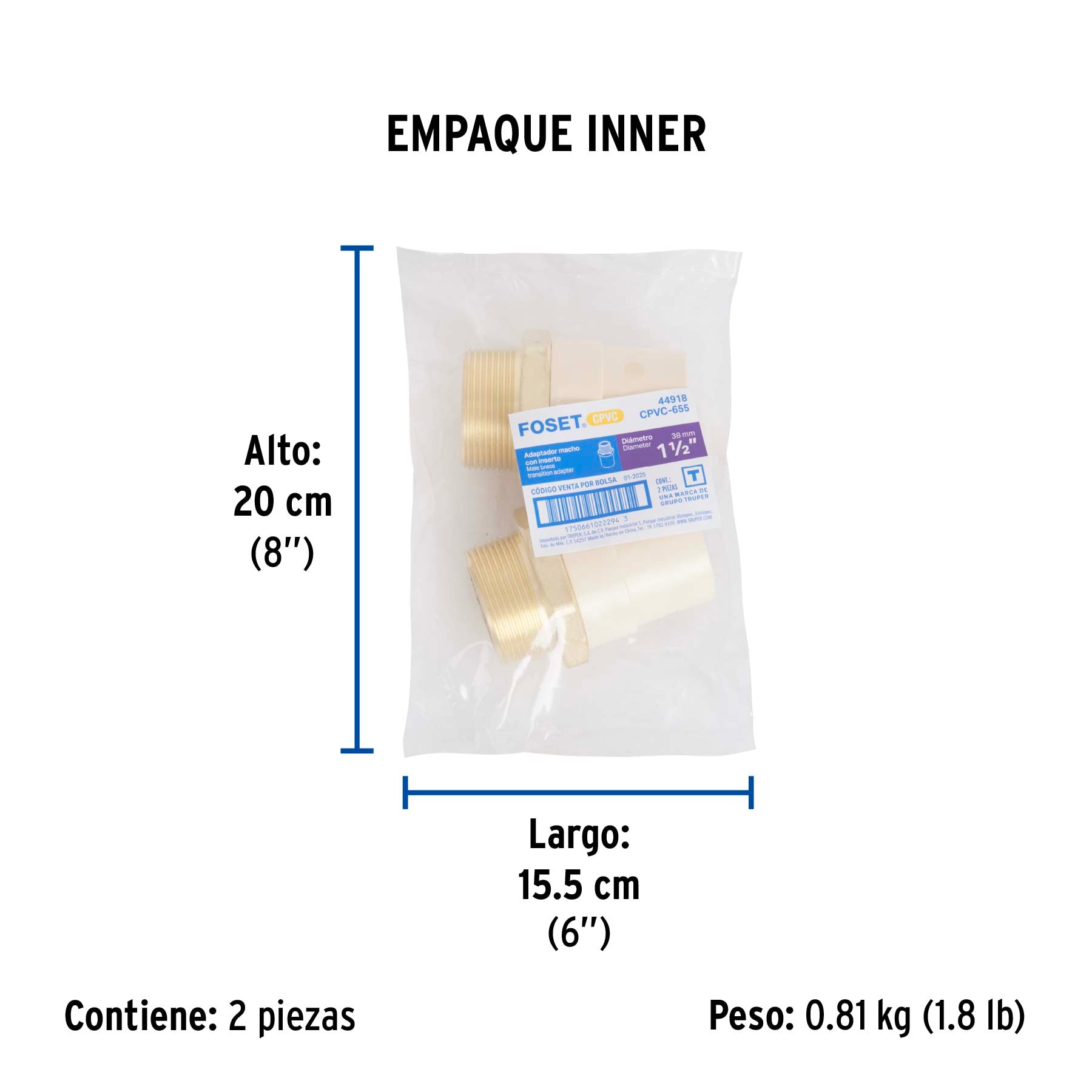 Adaptador CPVC, 1-1/2', macho inserto metálico-latón, FOSET