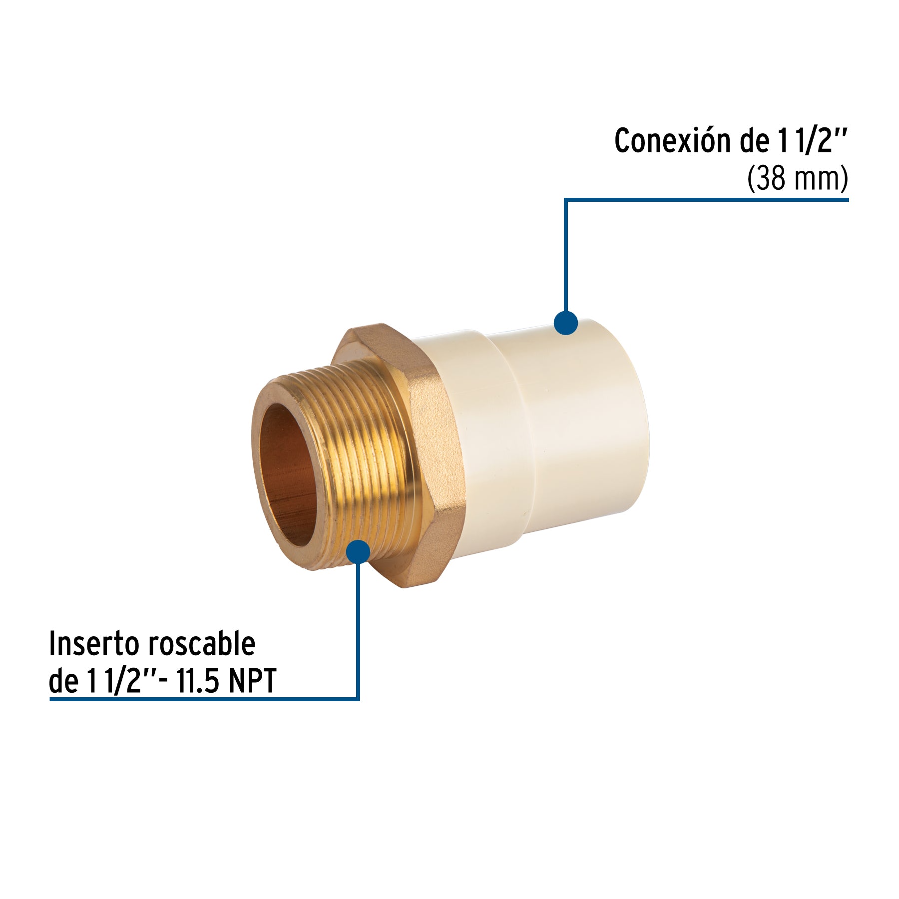 Adaptador CPVC, 1-1/2', macho inserto metálico-latón, FOSET