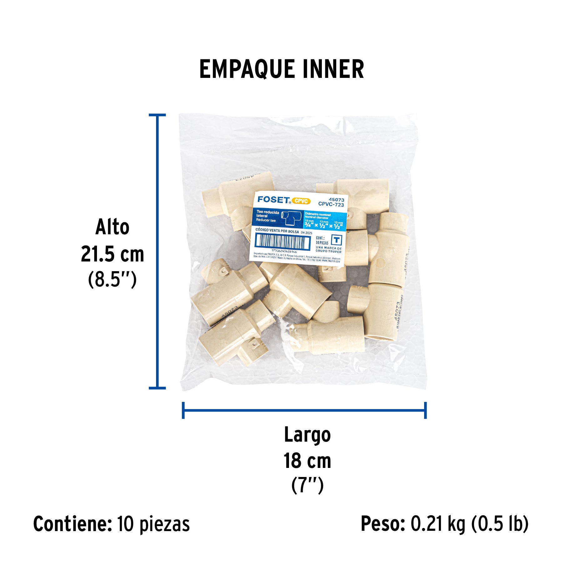 Tee reducida de CPVC, 3/4" x 1/2" x 1/2" 