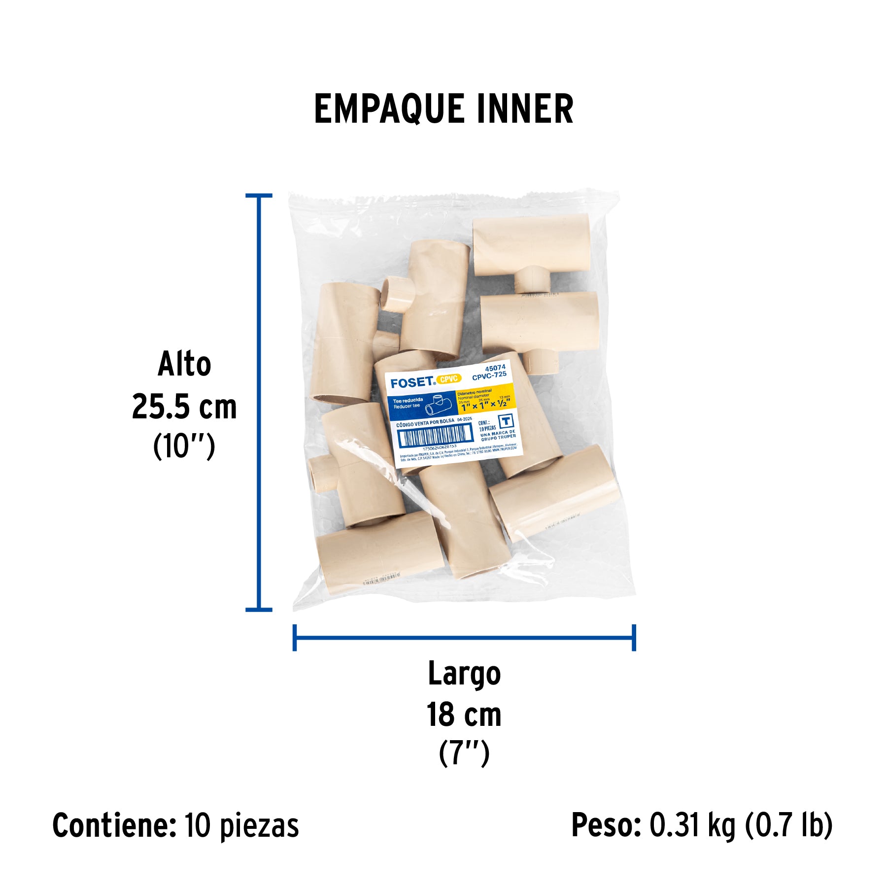 Tee reducida de CPVC, 1" x 1" x 1/2"