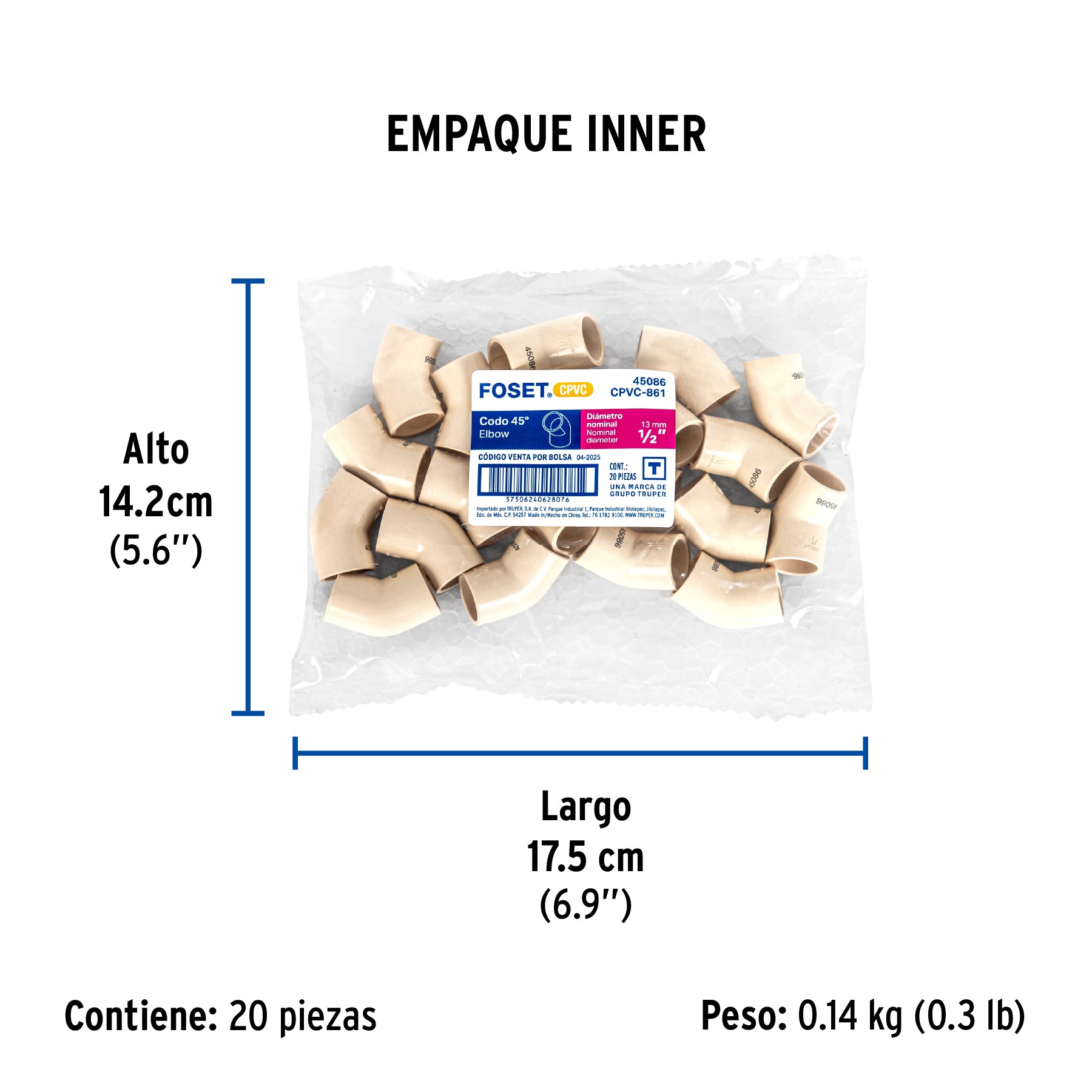 Codo 45° de CPVC, 1/2"