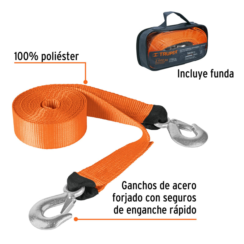 Correa para remolque con ganchos, 2" x 5.8m