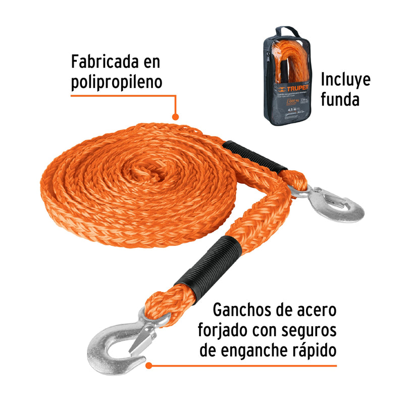 Cuerda para remolque con ganchos,7/8" x 4.5m