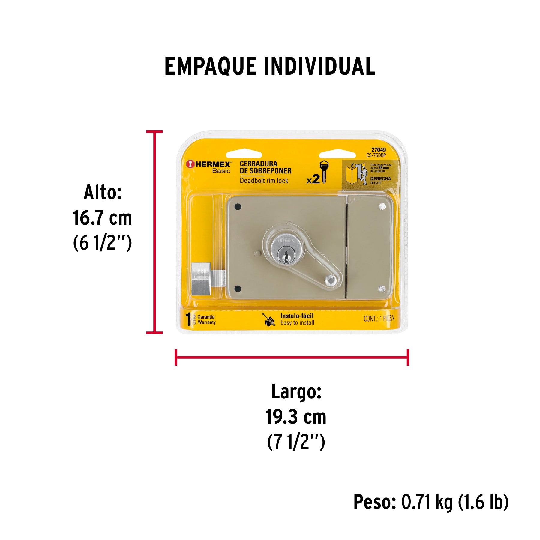 Cerradura sobreponer,instala-fácil, der,blister,Hermex Basic