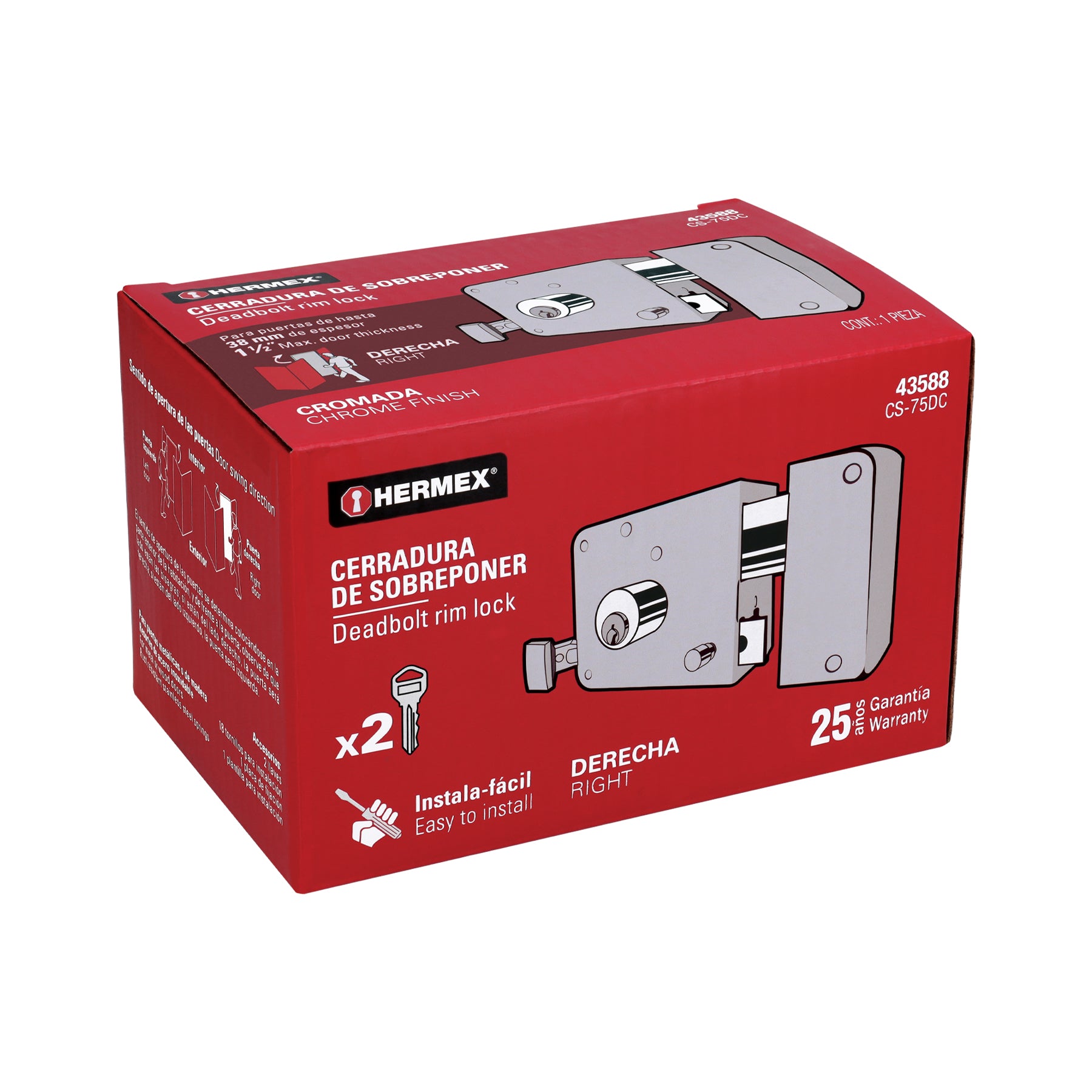 Cerradura sobreponer, clásica, instala-fácil, derecha, cromo