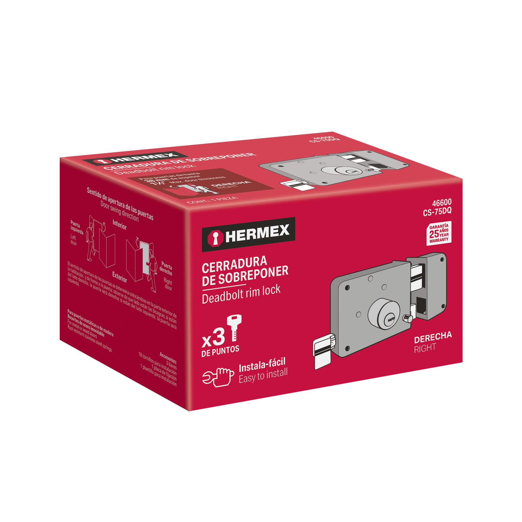 Cerradura sobreponer der instalafácil,llave puntos, caja