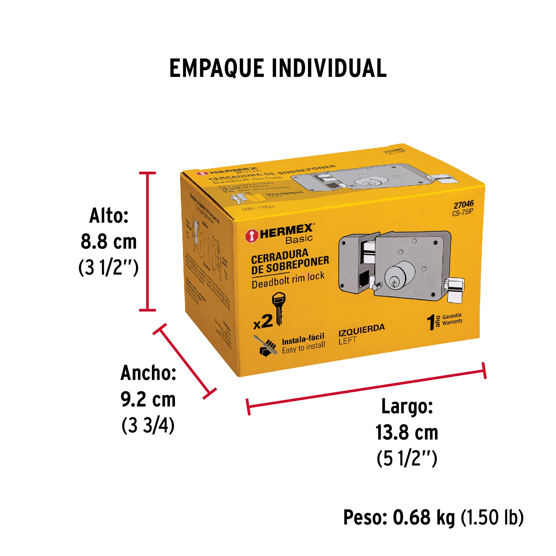 Cerradura sobreponer, instala-fácil, izquierda, Hermex Basic