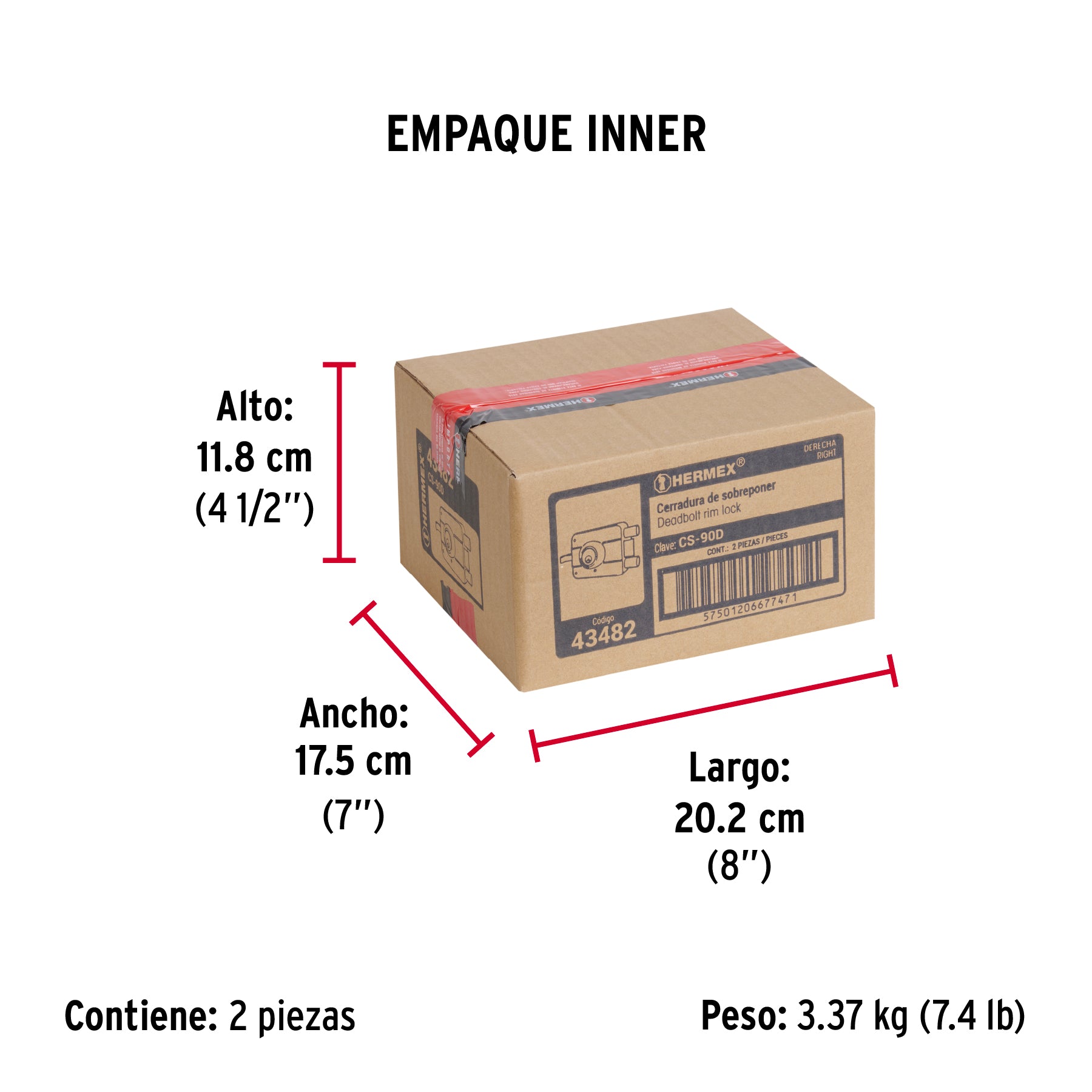 Cerradura de sobreponer, doble cerrojo, derecha
