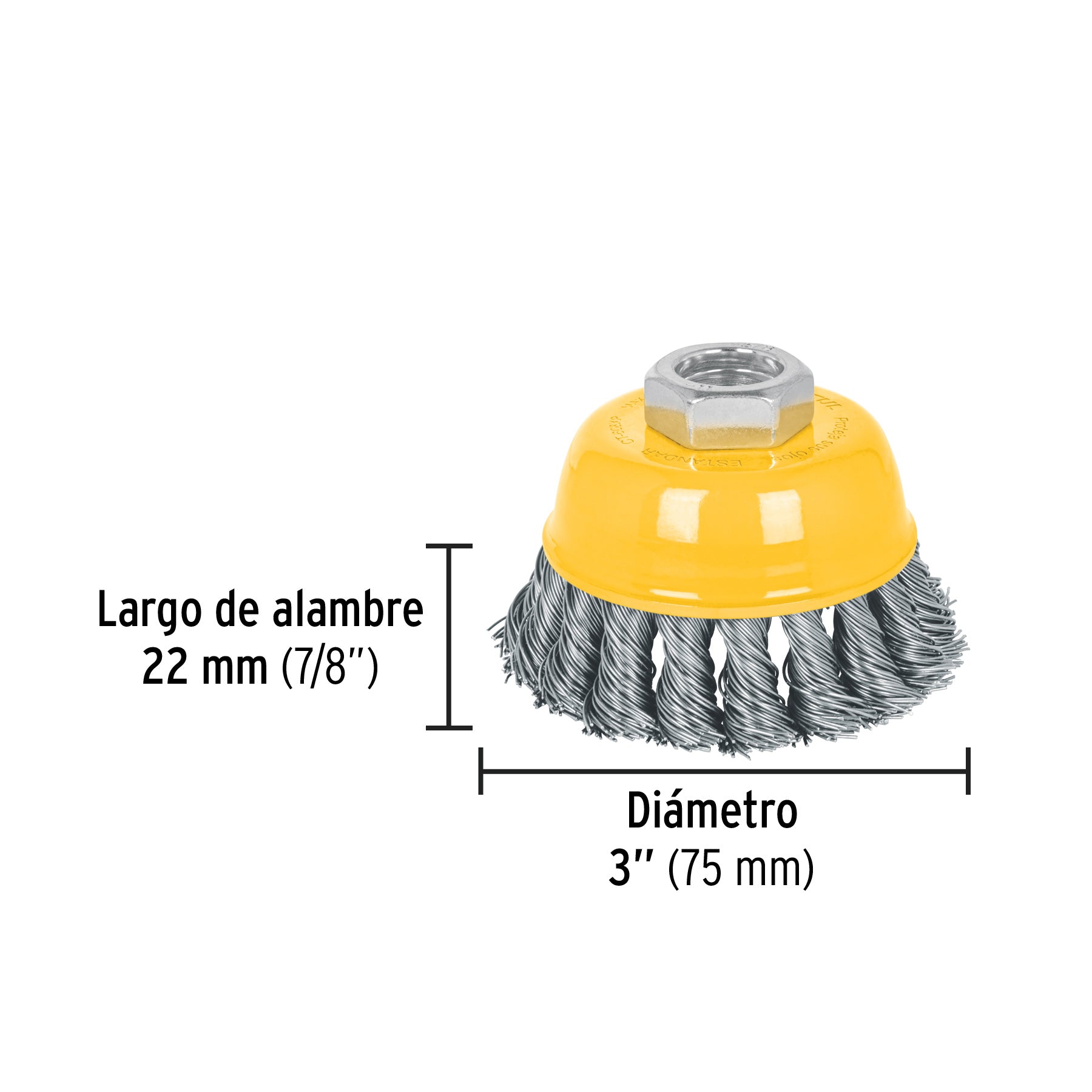 Carda copa 3' alambre trenzado grueso, eje 5/8'-11, Pretul
