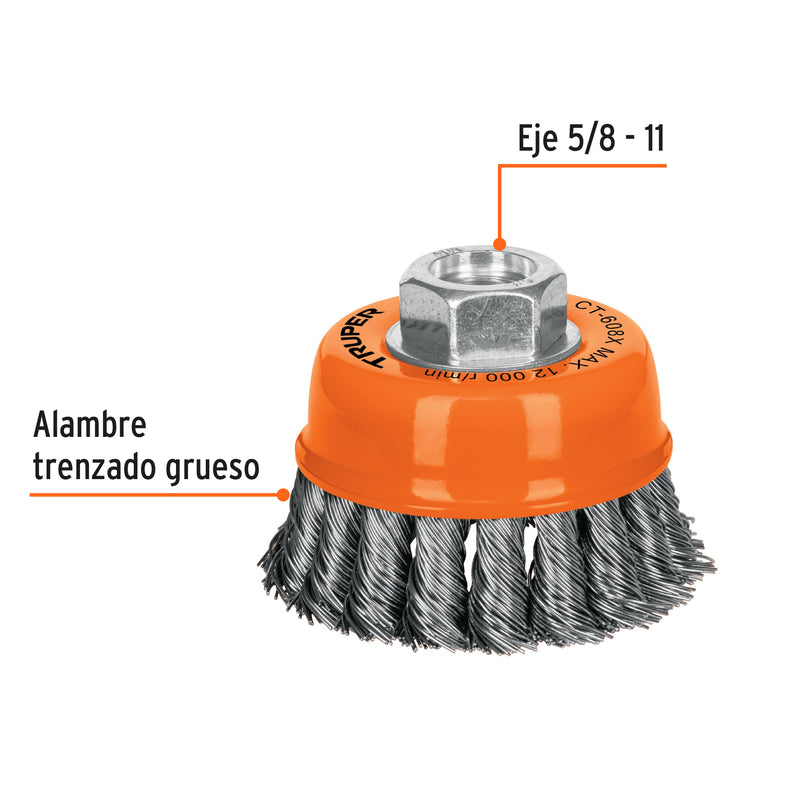 Carda copa, alambre trenzado grueso, 3x5/8", para esmeril