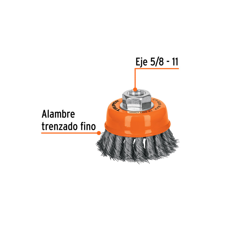 Carda de copa, alambre trenzado fino, 3" para esmeril