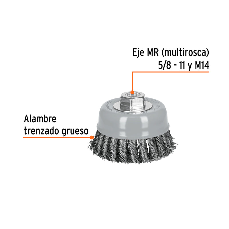Carda de copa, alambre trenzado grueso , 4', Multi rosca