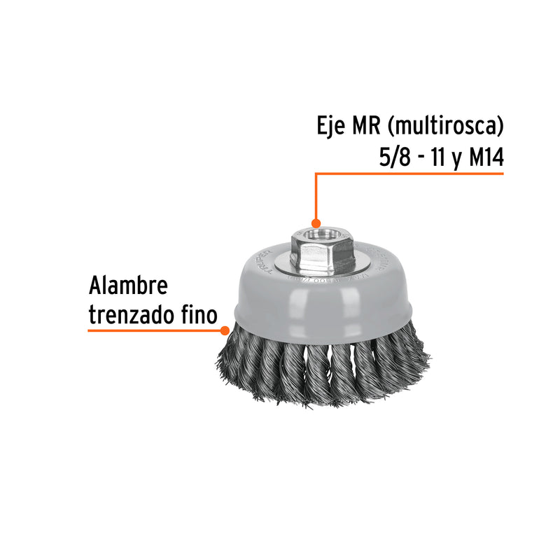 Carda de copa, alambre trenzado fino, 4', Multi rosca