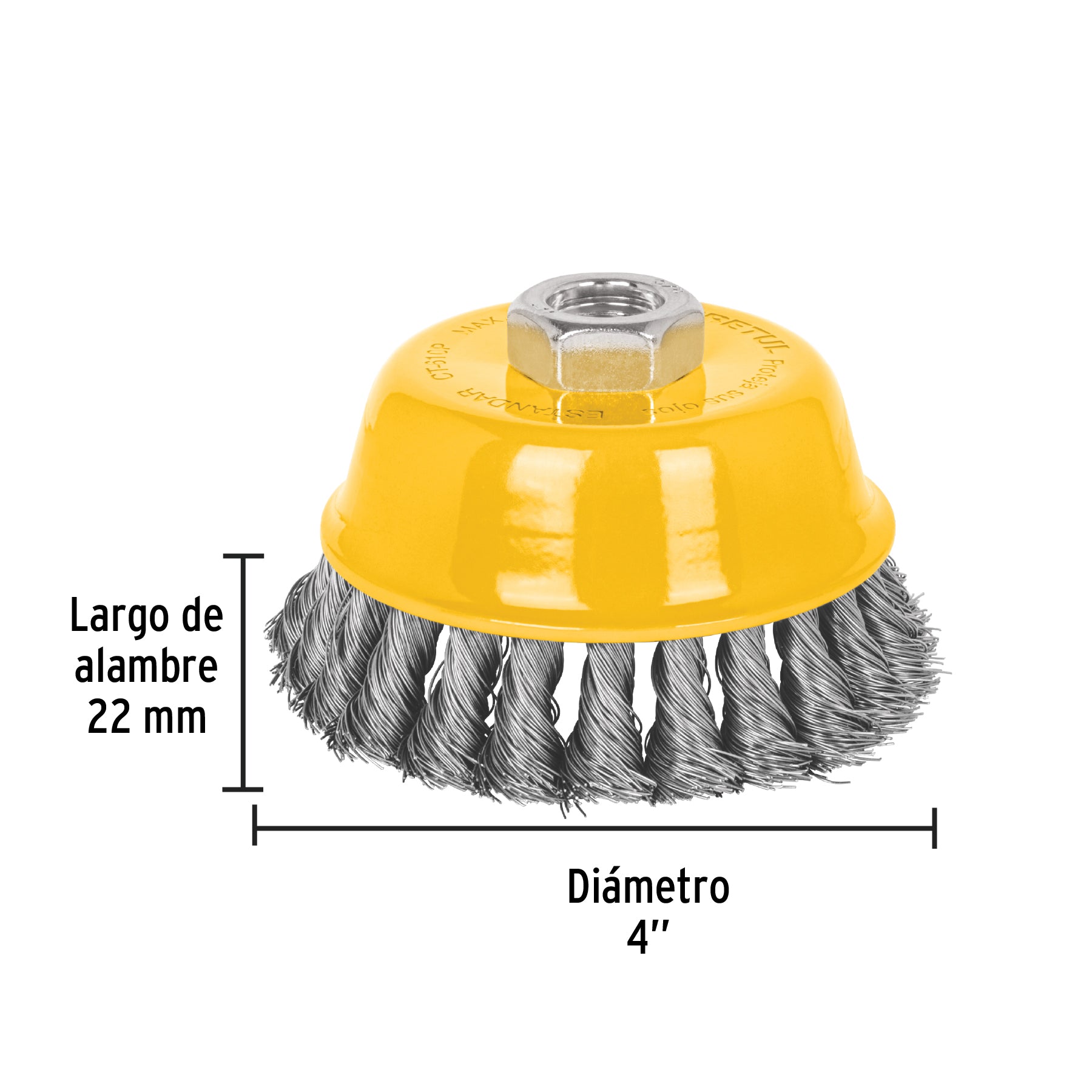 Carda copa 4' alambre trenzado fino, eje 5/8'-11, Pretul