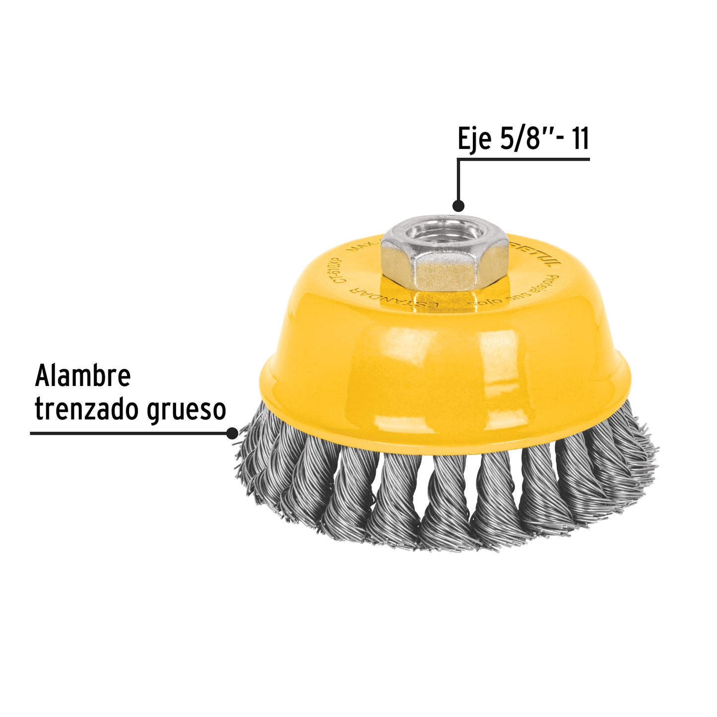 Carda copa 4' alambre trenzado grueso, eje 5/8'-11, Pretul