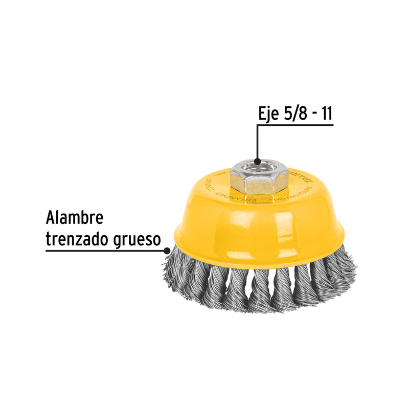 Carda copa 4' alambre trenzado grueso, eje 5/8'-11, Pretul