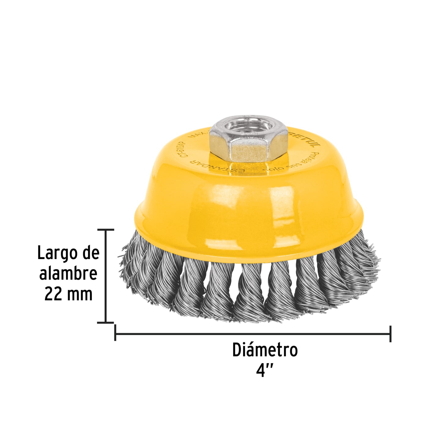 Carda copa 4' alambre trenzado grueso, eje 5/8'-11, Pretul