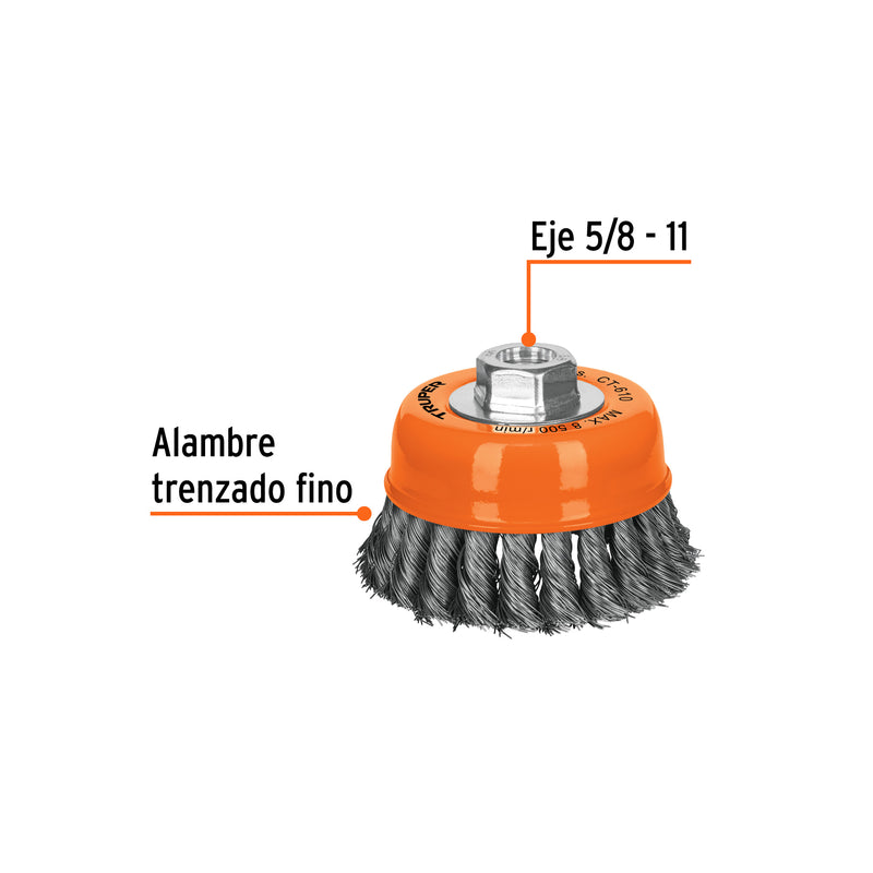 Carda de copa, alambre trenzado fino, 4" para esmeril