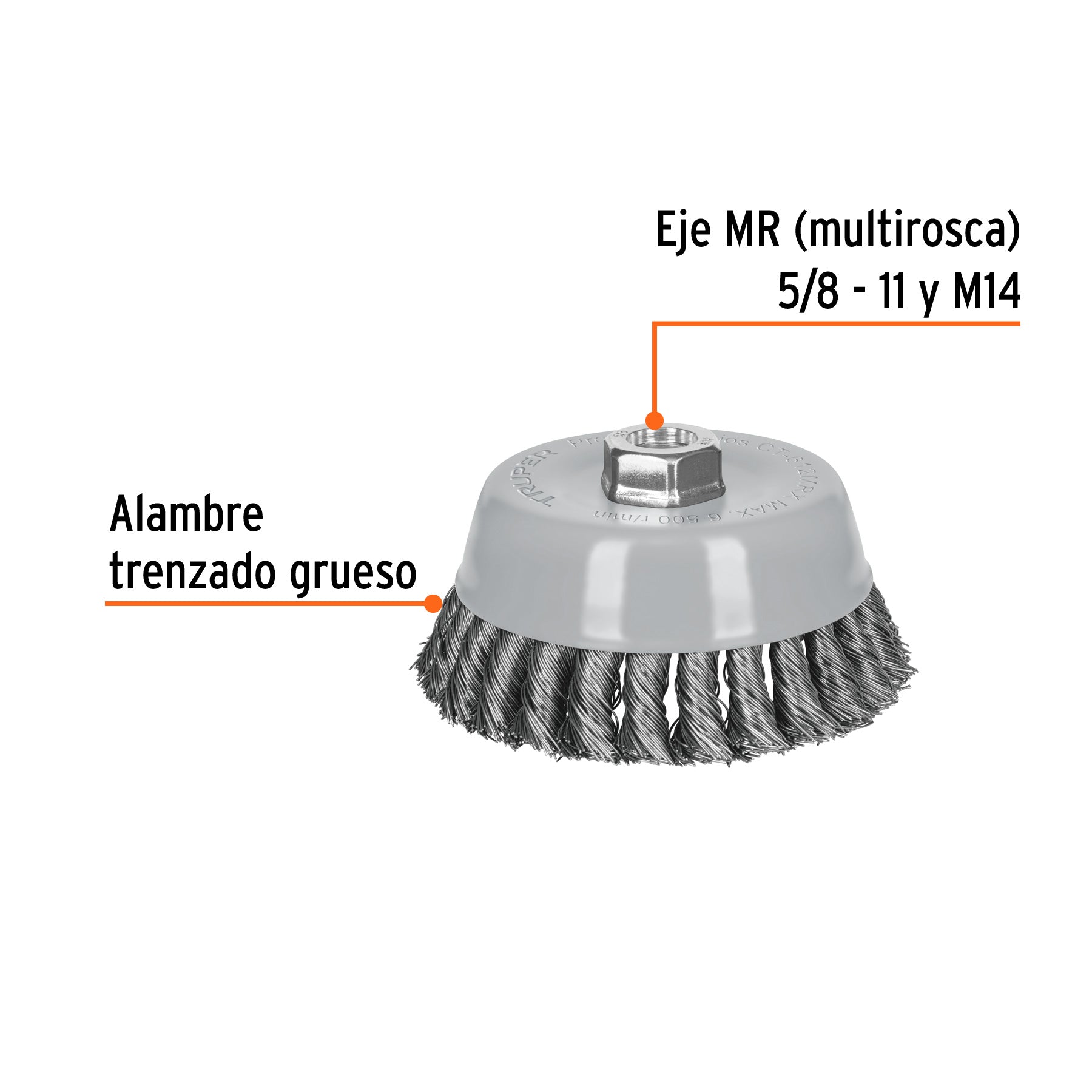 Carda de copa, alambre trenzado grueso , 5', Multi rosca