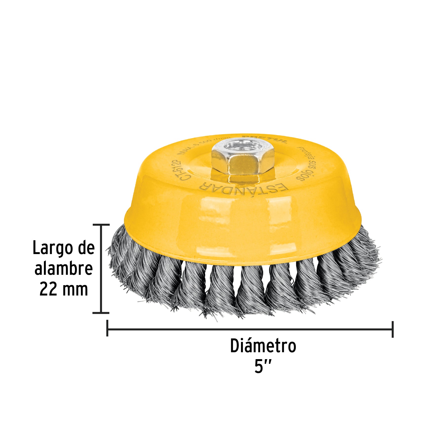 Carda copa 5' alambre trenzado fino, eje 5/8'-11, Pretul