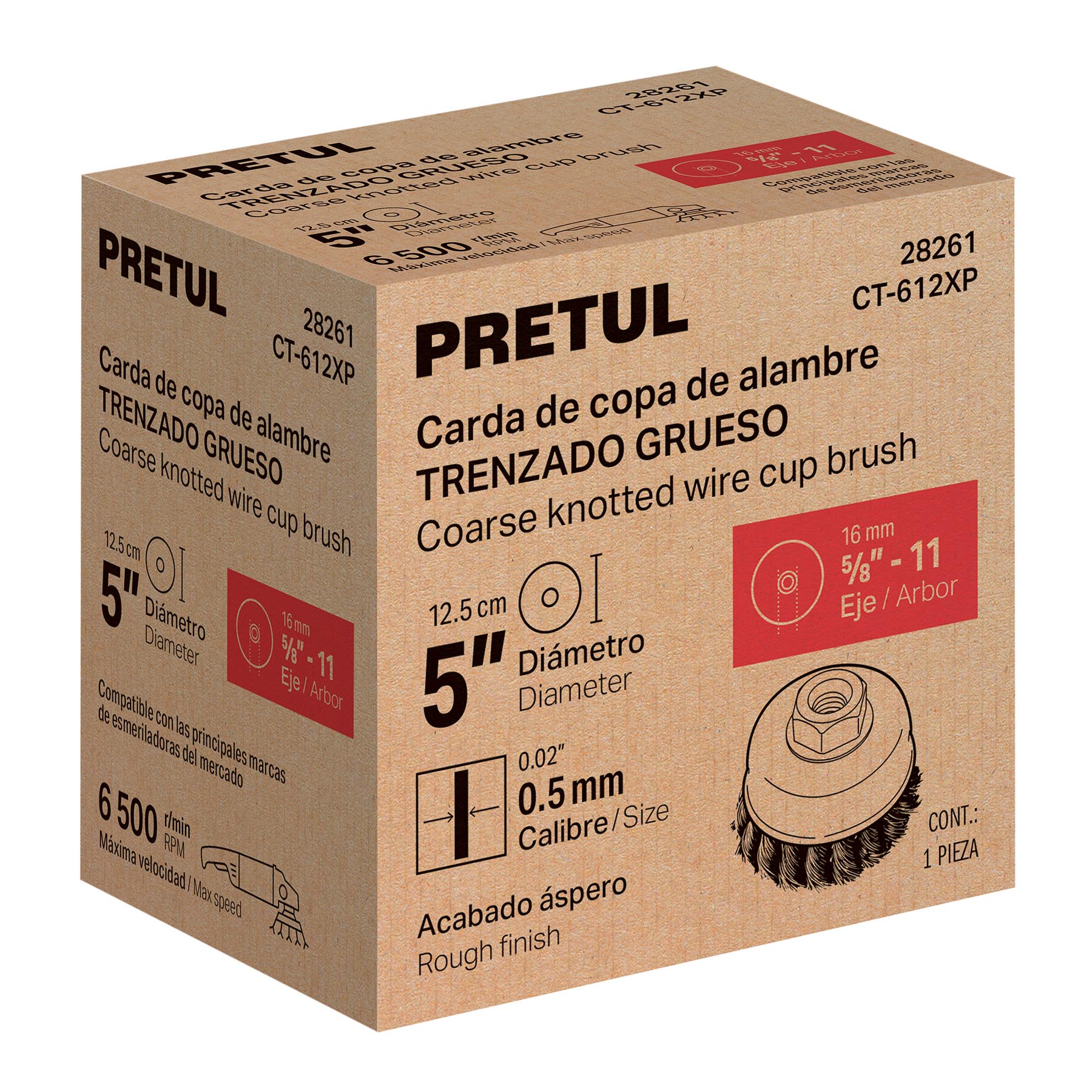 Carda copa 5' alambre trenzado grueso, eje 5/8'-11, Pretul