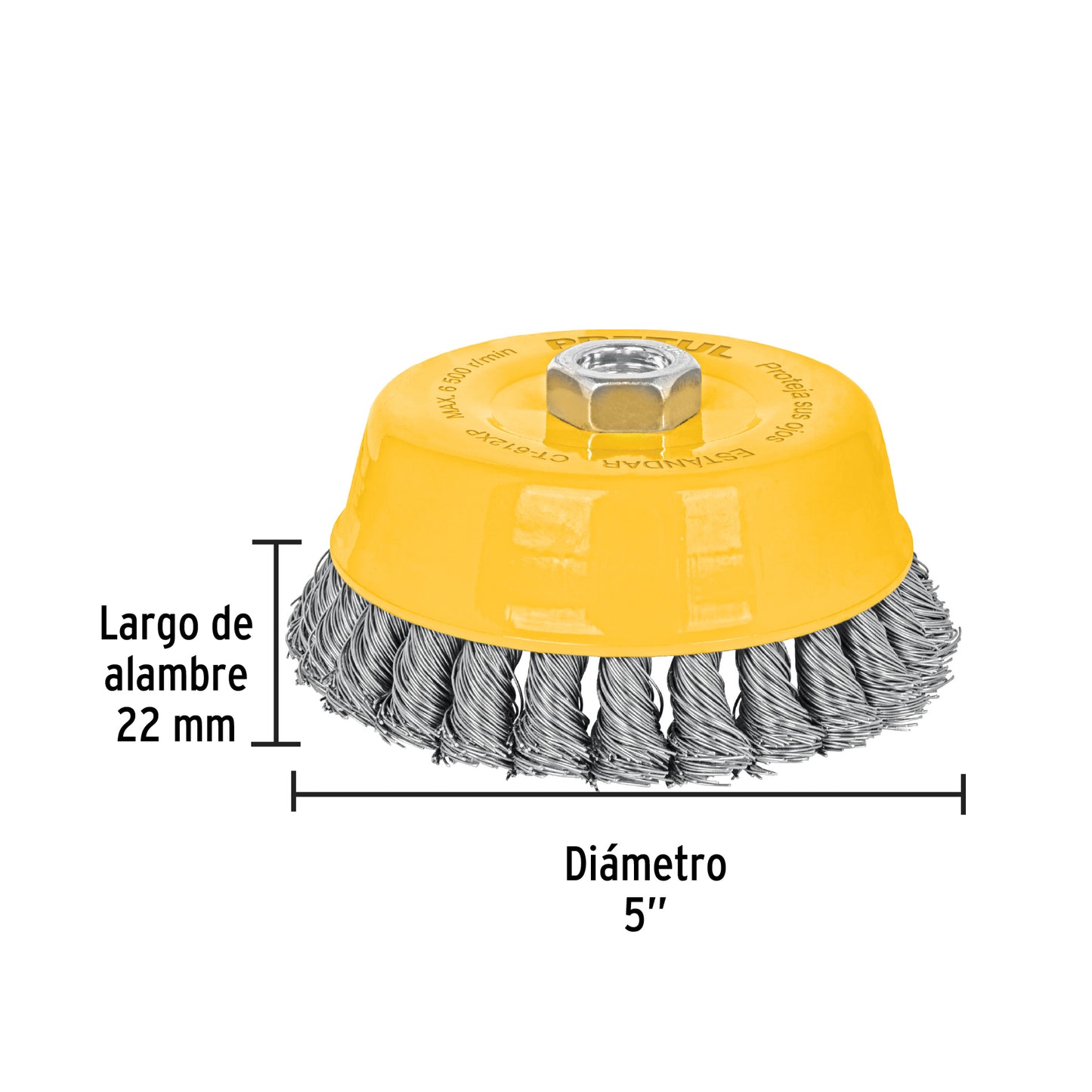 Carda copa 5' alambre trenzado grueso, eje 5/8'-11, Pretul