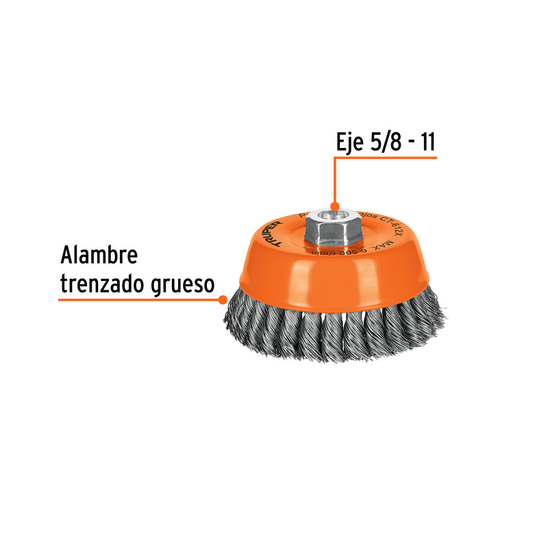 Carda de copa, alambre trenzado grueso, 5" para esmeril