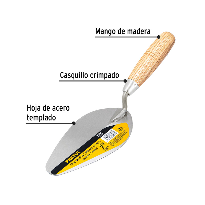 Cuchara para albañil, 7", tipo mérida, pretul