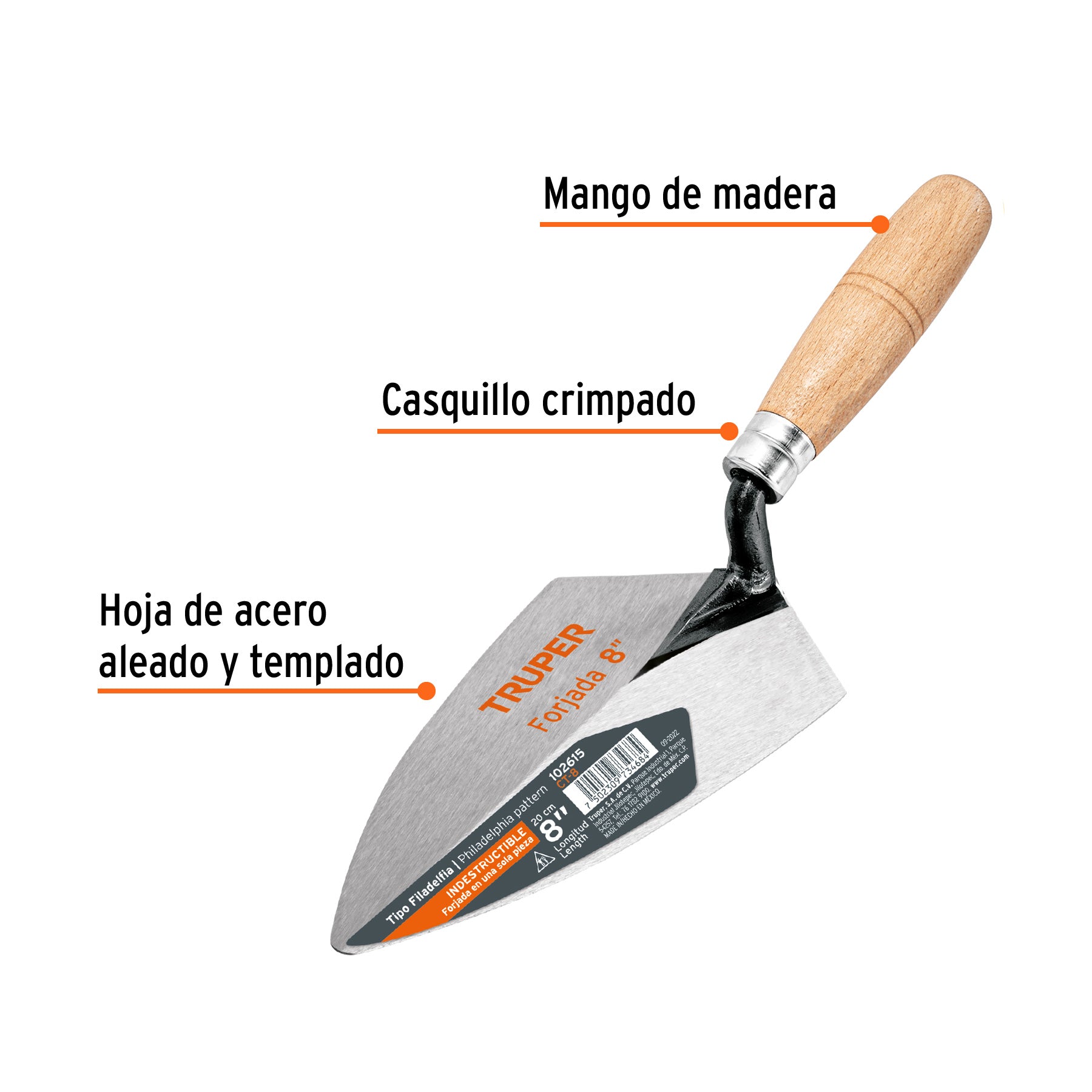 Cuchara para albañil 8' forjada tipo Filadelfia, TRUPER