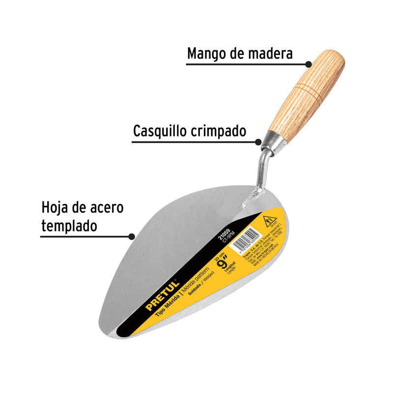 Cuchara para albañil, 9", tipo mérida, pretul