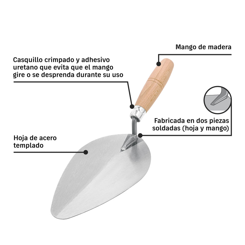 Cuchara para albañil, 9", tipo mérida, pretul