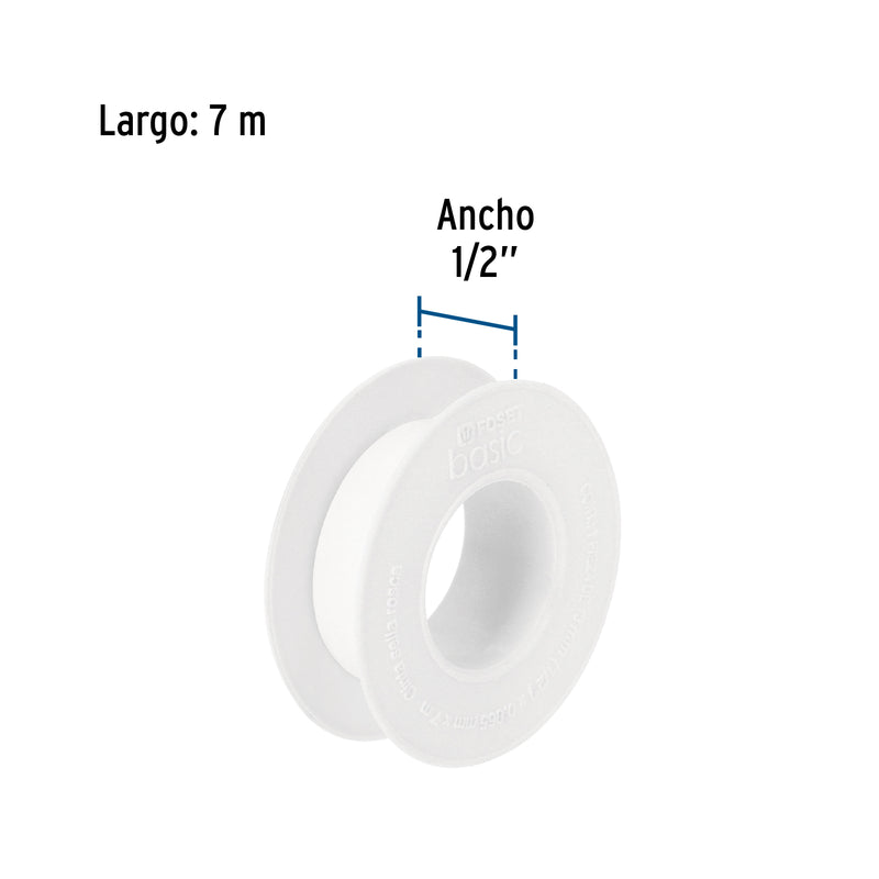 Cinta sella roscas 1/2' x 7 m, uso general, Foset Basic