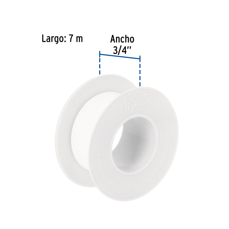 Cinta sella roscas 3/4' x 7 m, uso general, Foset Basic