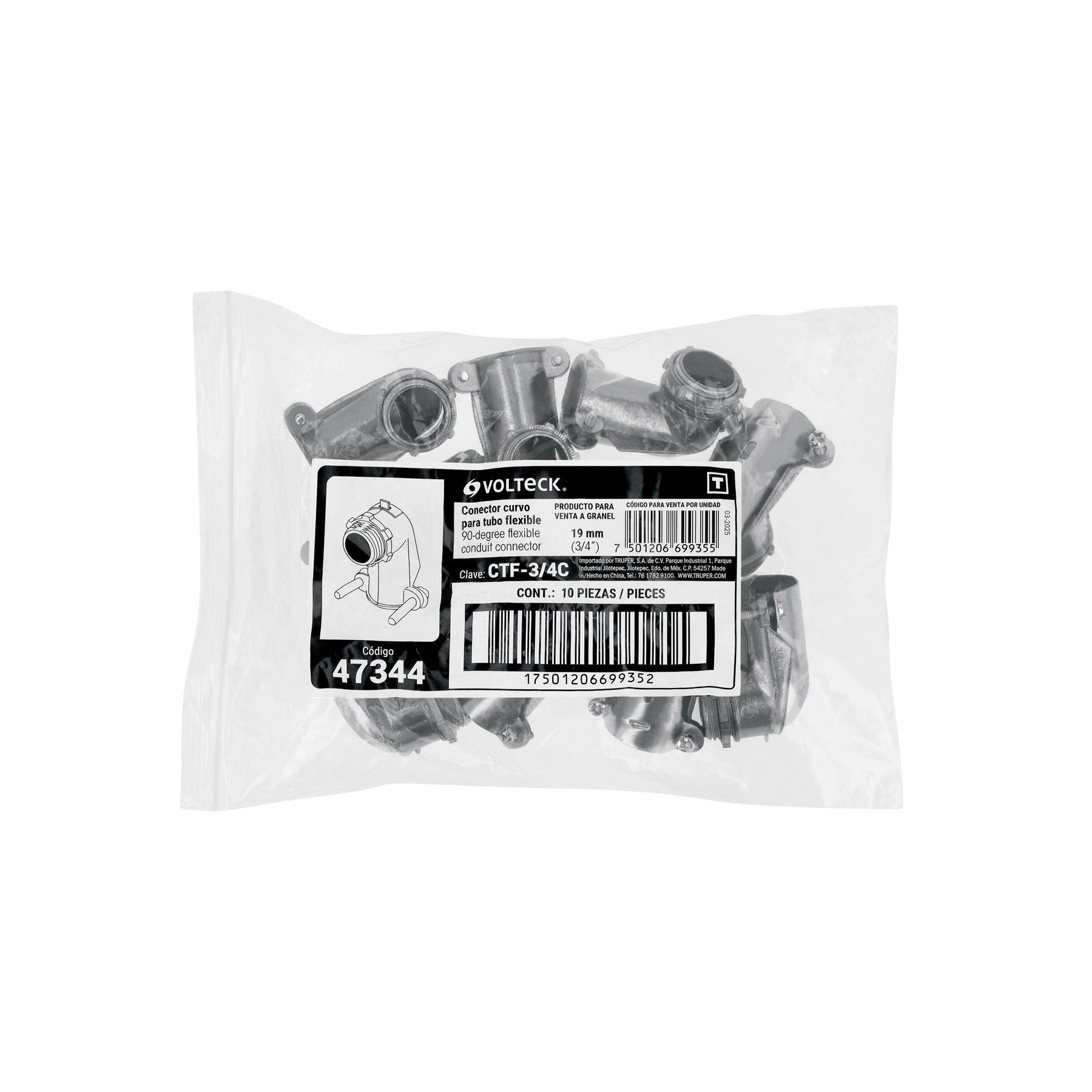 Conector tubo flexible 3/4" curvo, Volteck