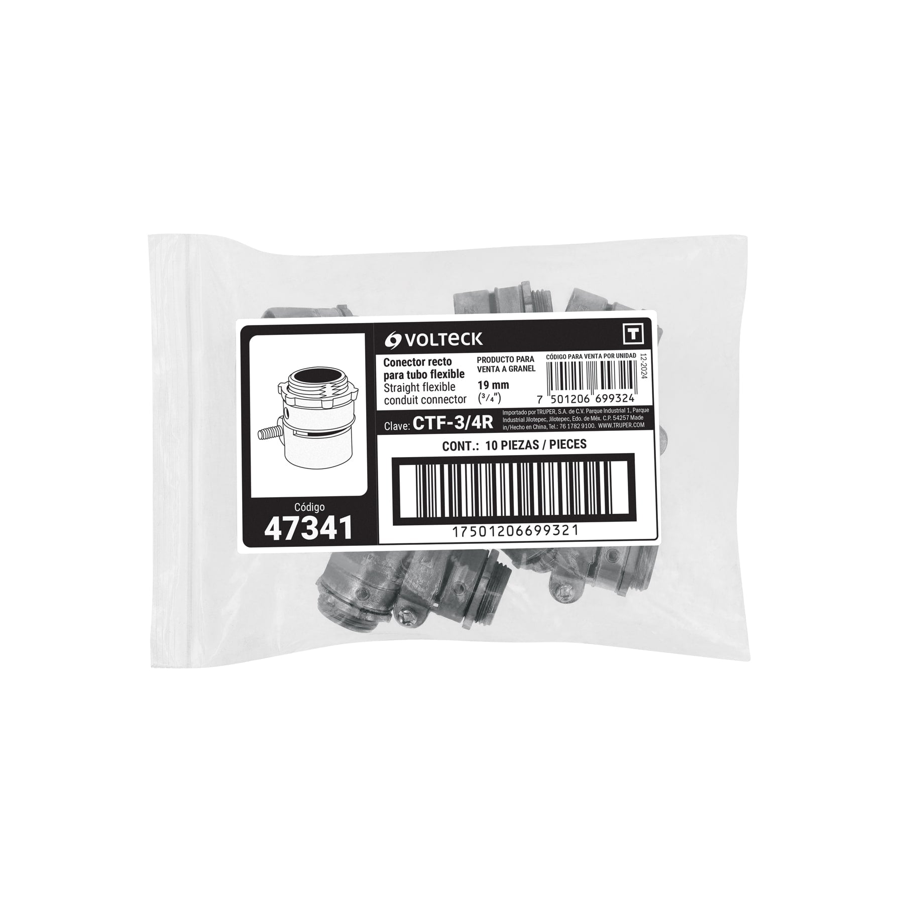 Conector tubo flexible 3/4" recto, Volteck