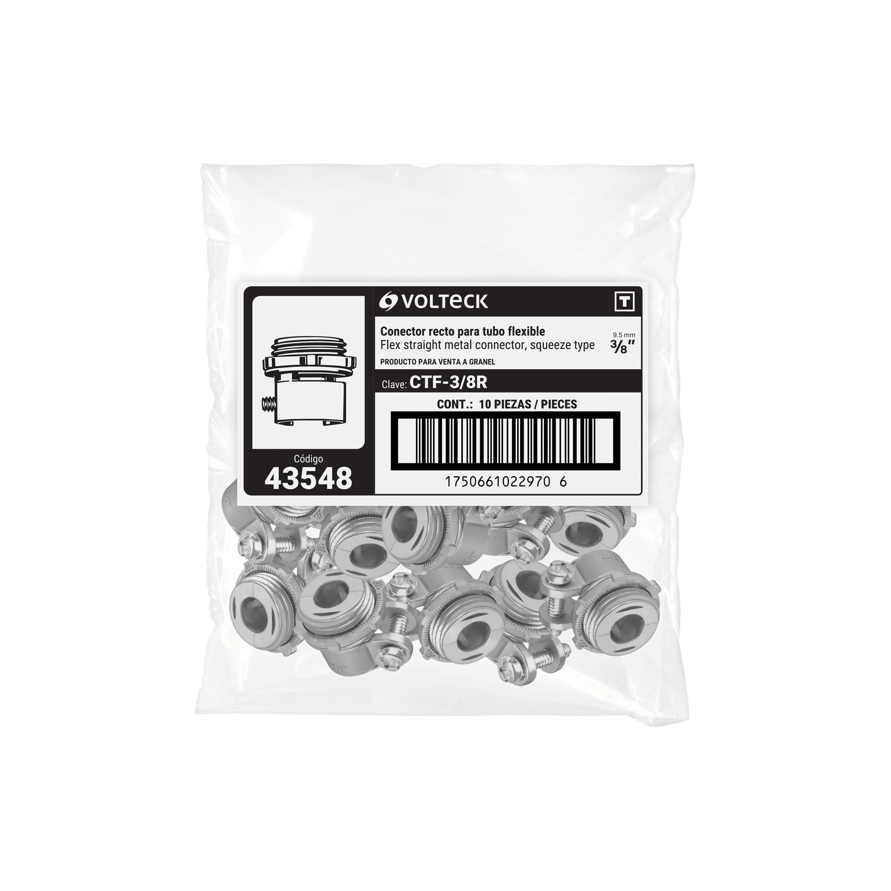 Conector recto 3/8' para tubo flexible metálico, VOLTECK