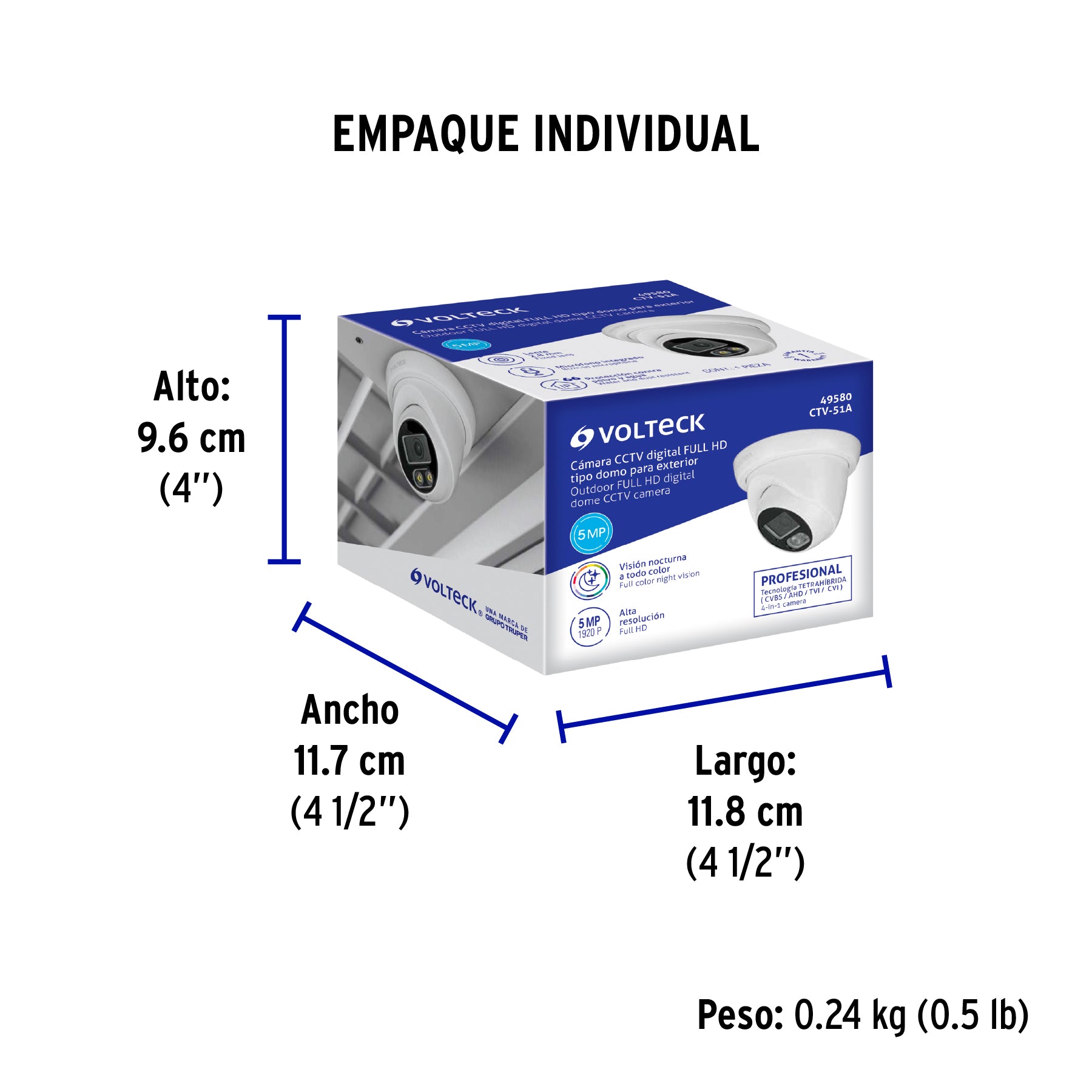 Cámara Tipo Domo 5MP, Lente 2.8mm, c/Micrófono, Volteck