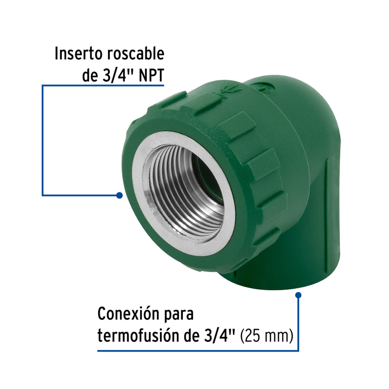 Codo 90° de PPR, 3/4", 25mm, hembra