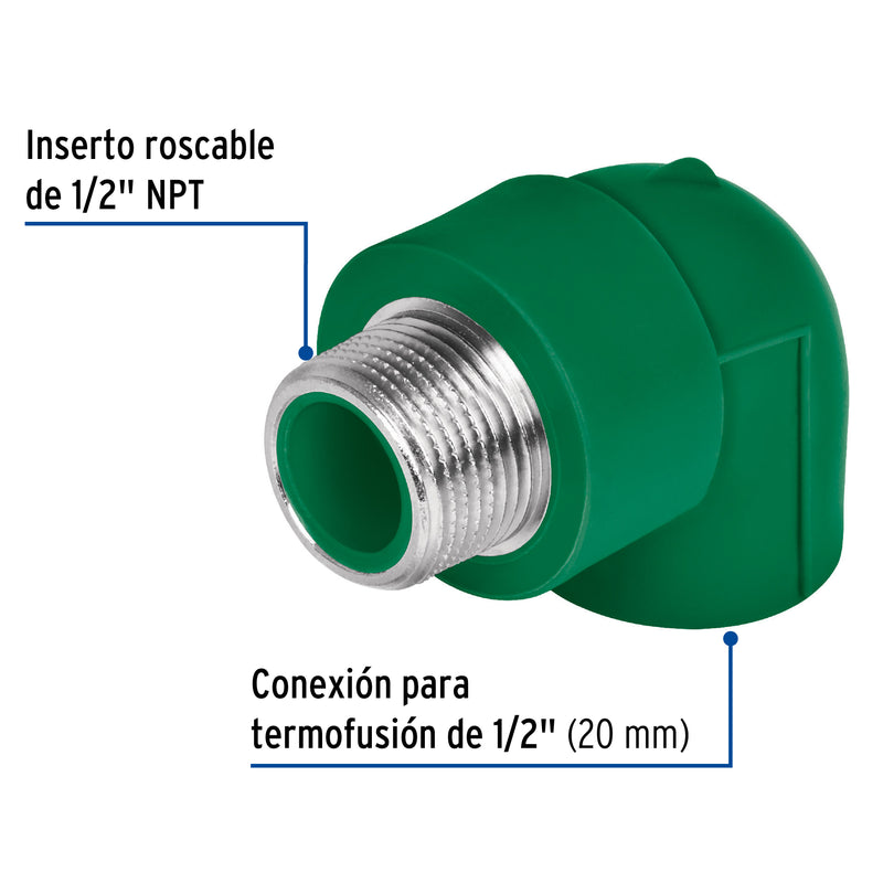 Codo 90° de PPR, 1/2", 20mm, macho