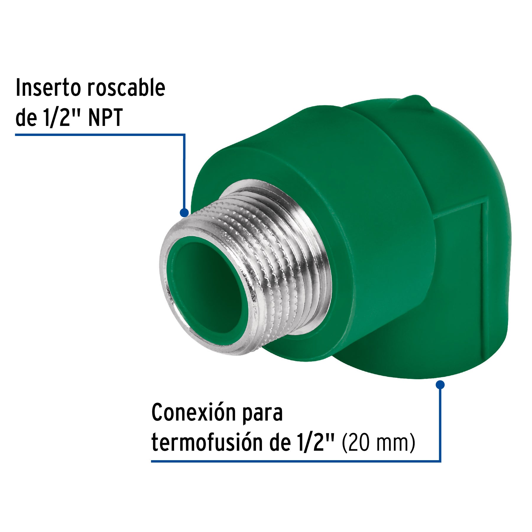 Codo 90 de PPR, 1/2", 20mm,rosca  macho con inserto metálico, Foset