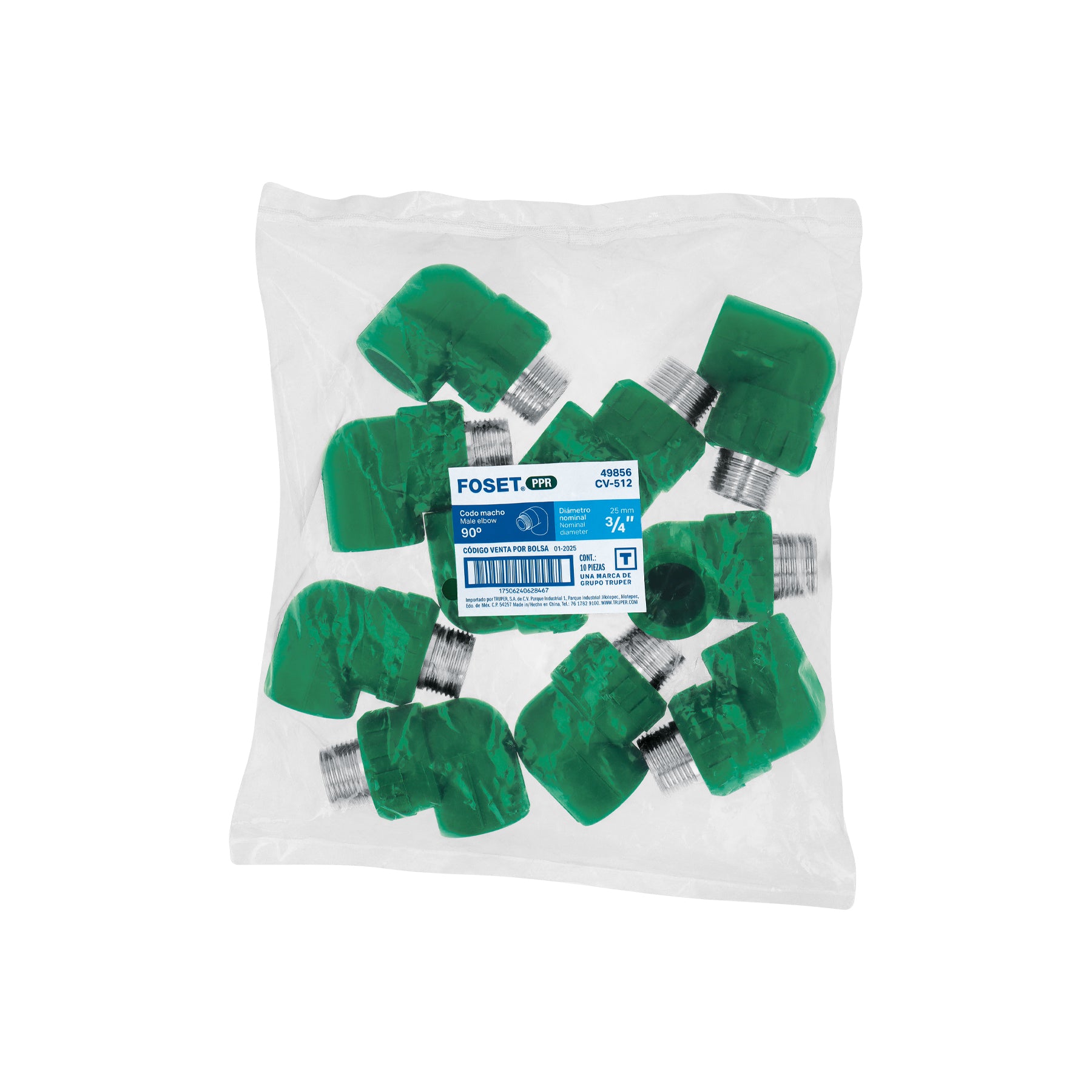 Codo 90° de PPR, 3/4", 25mm, macho