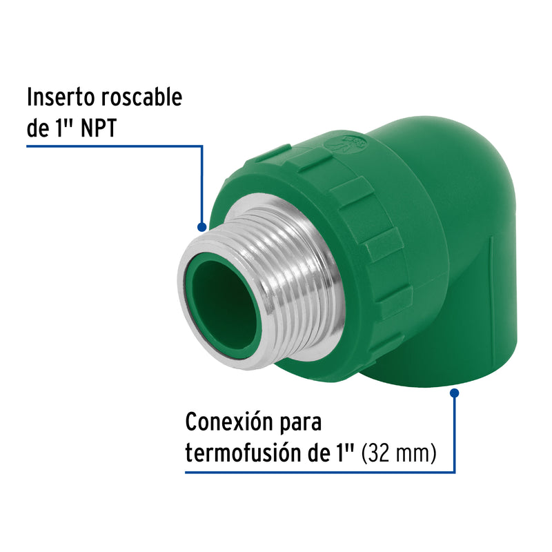 Codo 90° de PPR, 1", 32mm, macho