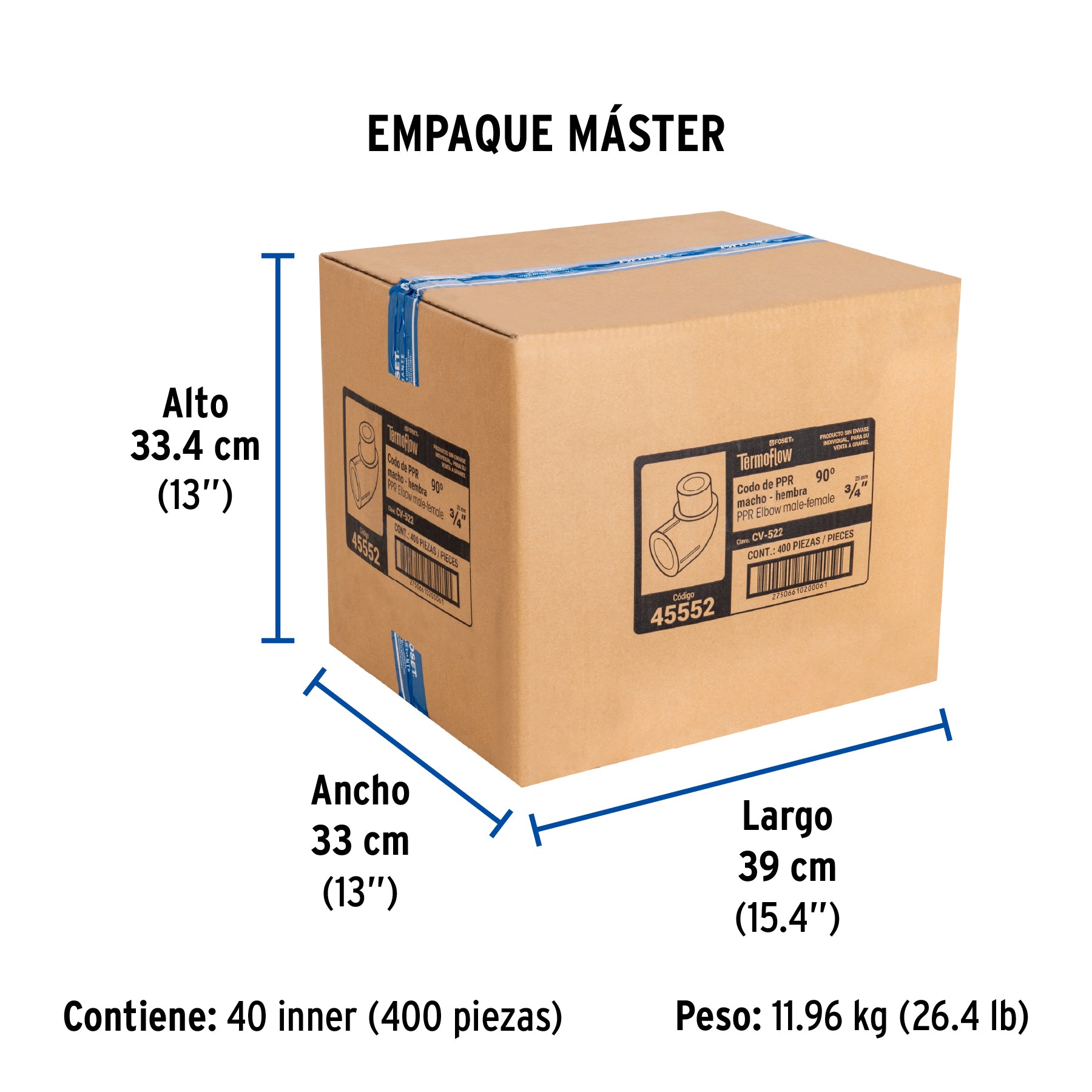 Codo 90° PPR,  3/4', macho-hembra, Foset