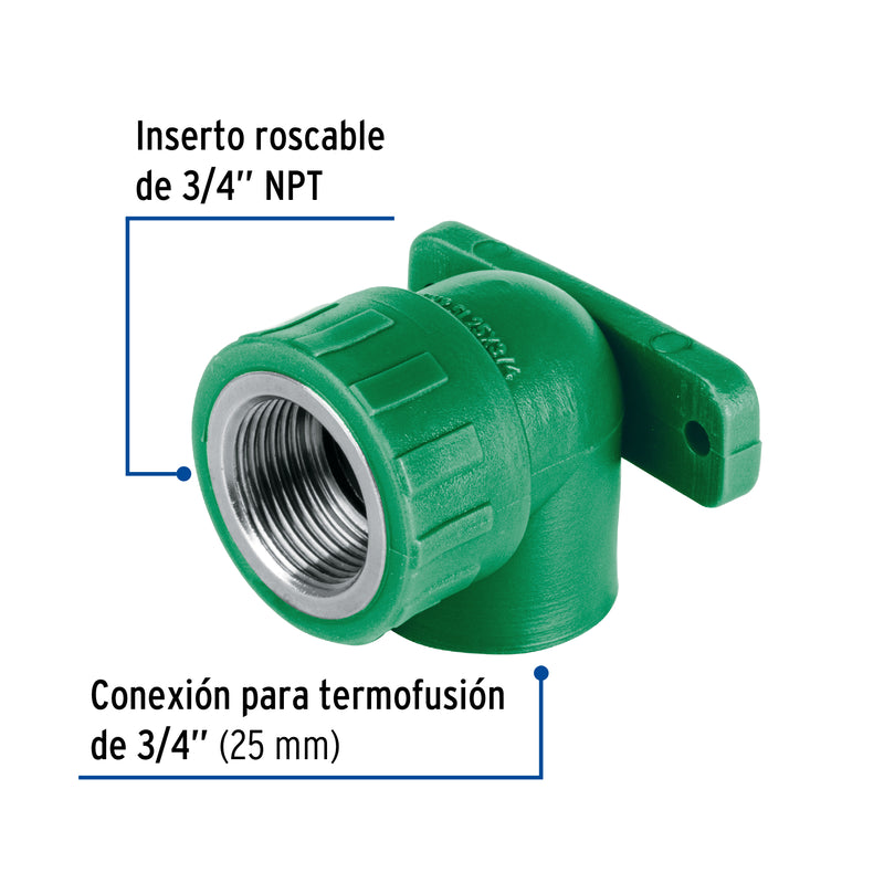 Codo oreja 90° PPR, 3/4', hembra con inserto metálico, Foset
